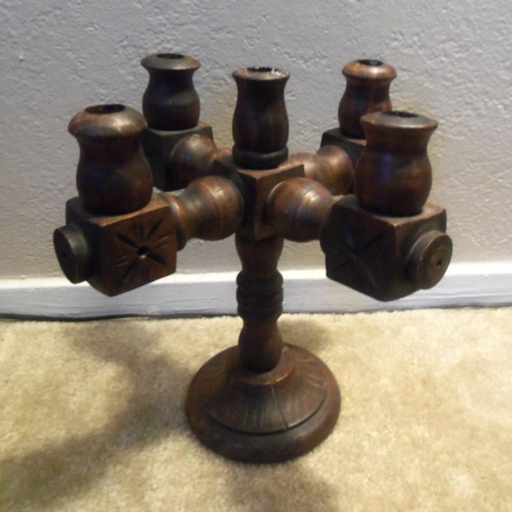 🏷 Vintage Spanish 4-Arm Carved Wood Candelabra - Picture 3 of 10